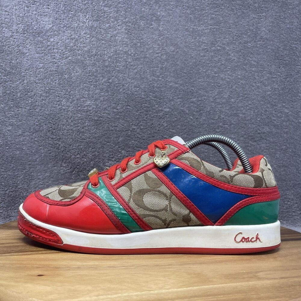 VTG Coach Sneakers Oriana Women's Size 9.5 Rhinestones Charms Logo Red Khaki Y2K - Picture 3 of 9